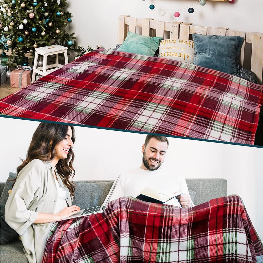 Throw Blanket | Holiday Christmas Red Fleece Blanket | Soft, Plush, Warm Winter Cabin Throw, 50X60 (Red Green Plaid)