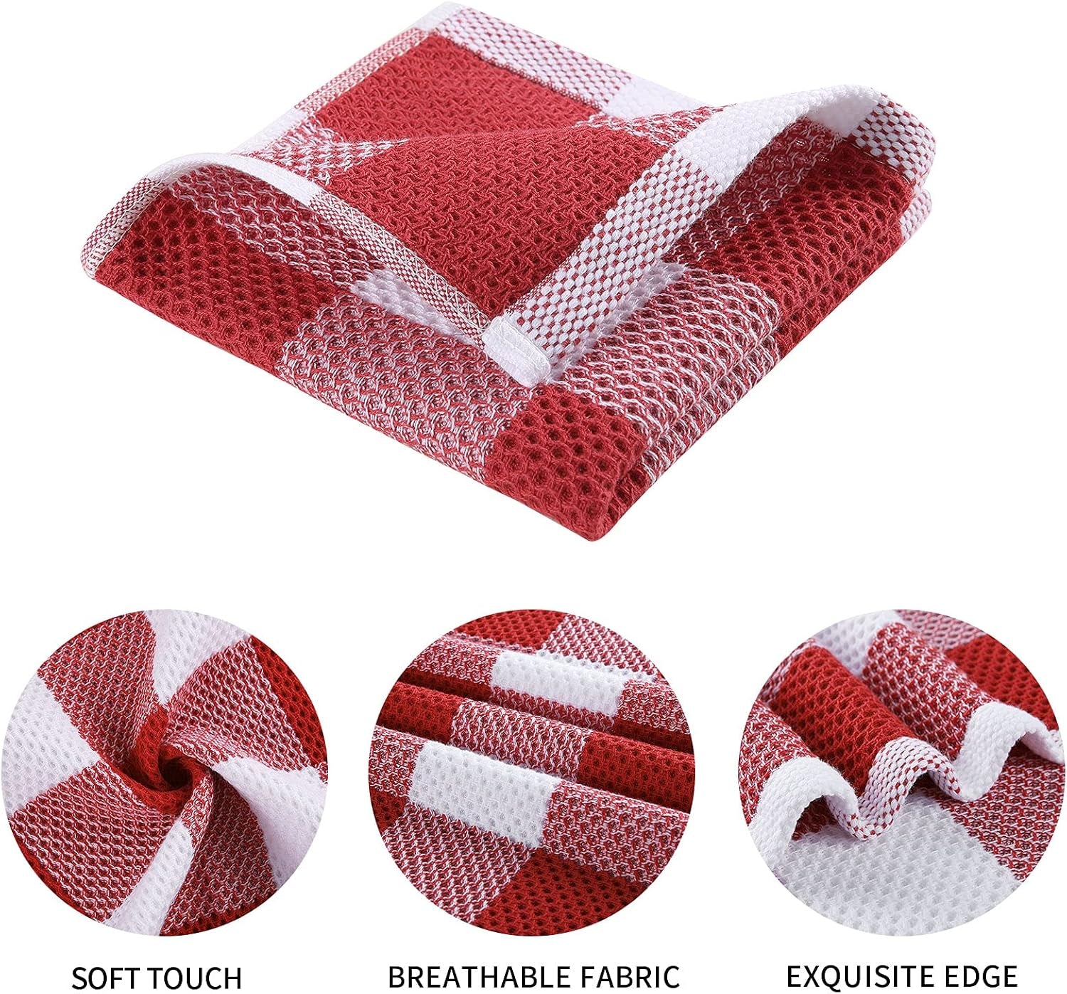 Cotton Waffle Weave Dish Cloths, 12"X 12", 6 Pack, Red & White