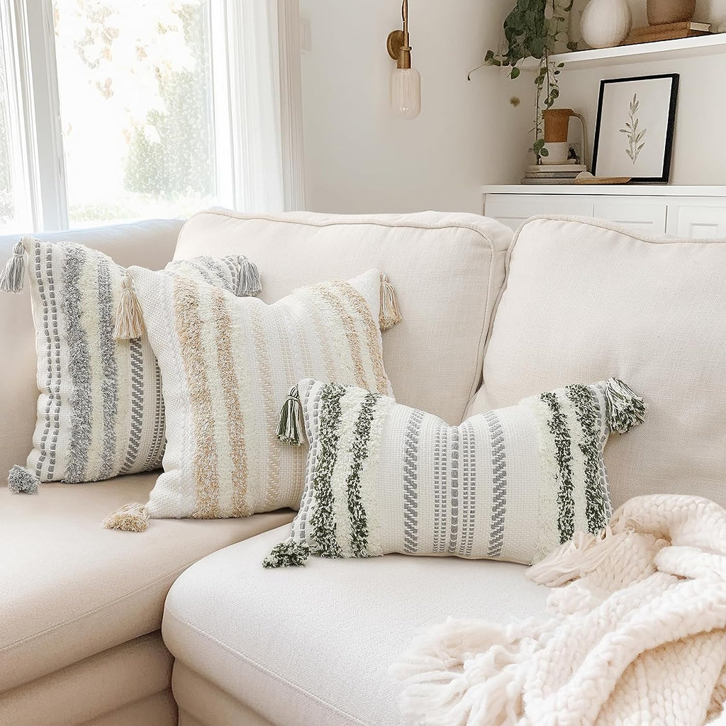 Green and Cream White Throw Pillow Cover 12X20 Pack of 1