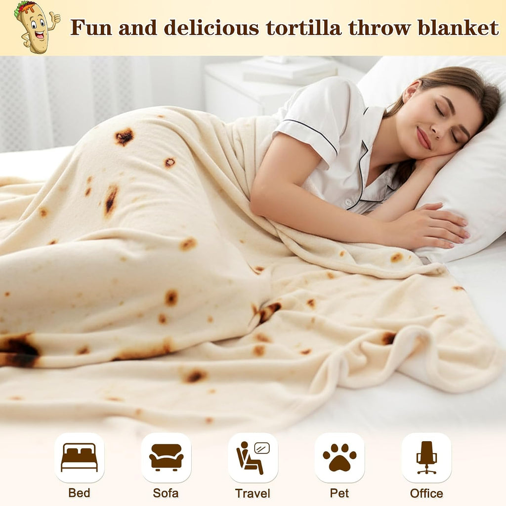 Burrito Tortilla Taco Blanket 60 Inches for Adult Kids, Realistic Tortilla Throw Blanket Funny Gifts for Women Men Teen Boy Girl, Soft Flannel Food Blanket for Christmas Birthday Gifts-Beige