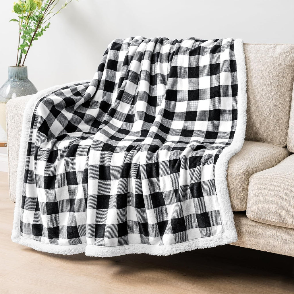 Queen Checkered Sherpa Blanket Couch Sofa Bed, White Black, 90X90