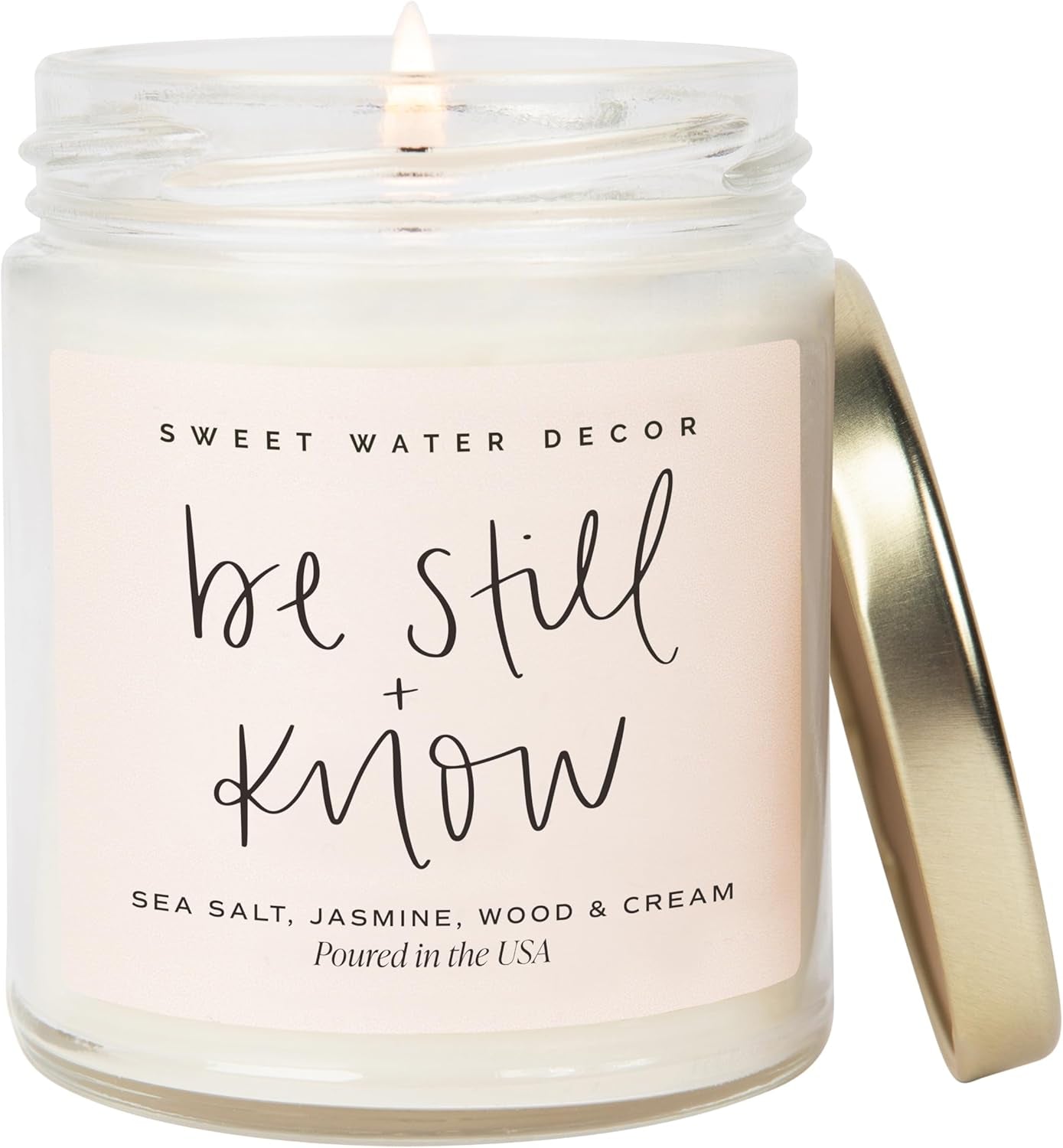 , Be Still and Know, Sea Salt, Jasmine, Cream, and Wood Scented Soy Wax Candle for Home - Christian Candle Gifts for Women - 9Oz Clear Jar, 40 Hour Burn Time, Made in the USA
