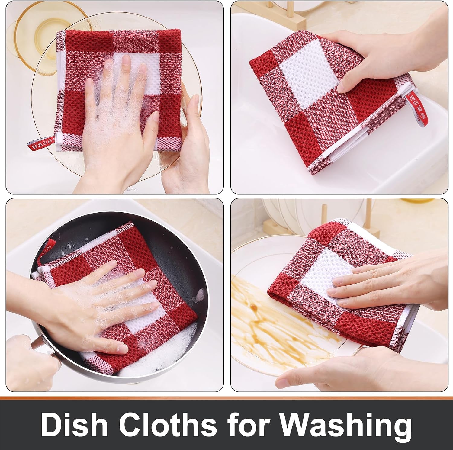Cotton Waffle Weave Dish Cloths, 12"X 12", 6 Pack, Red & White
