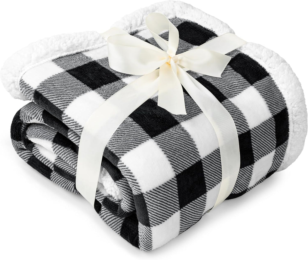 Queen Checkered Sherpa Blanket Couch Sofa Bed, White Black, 90X90