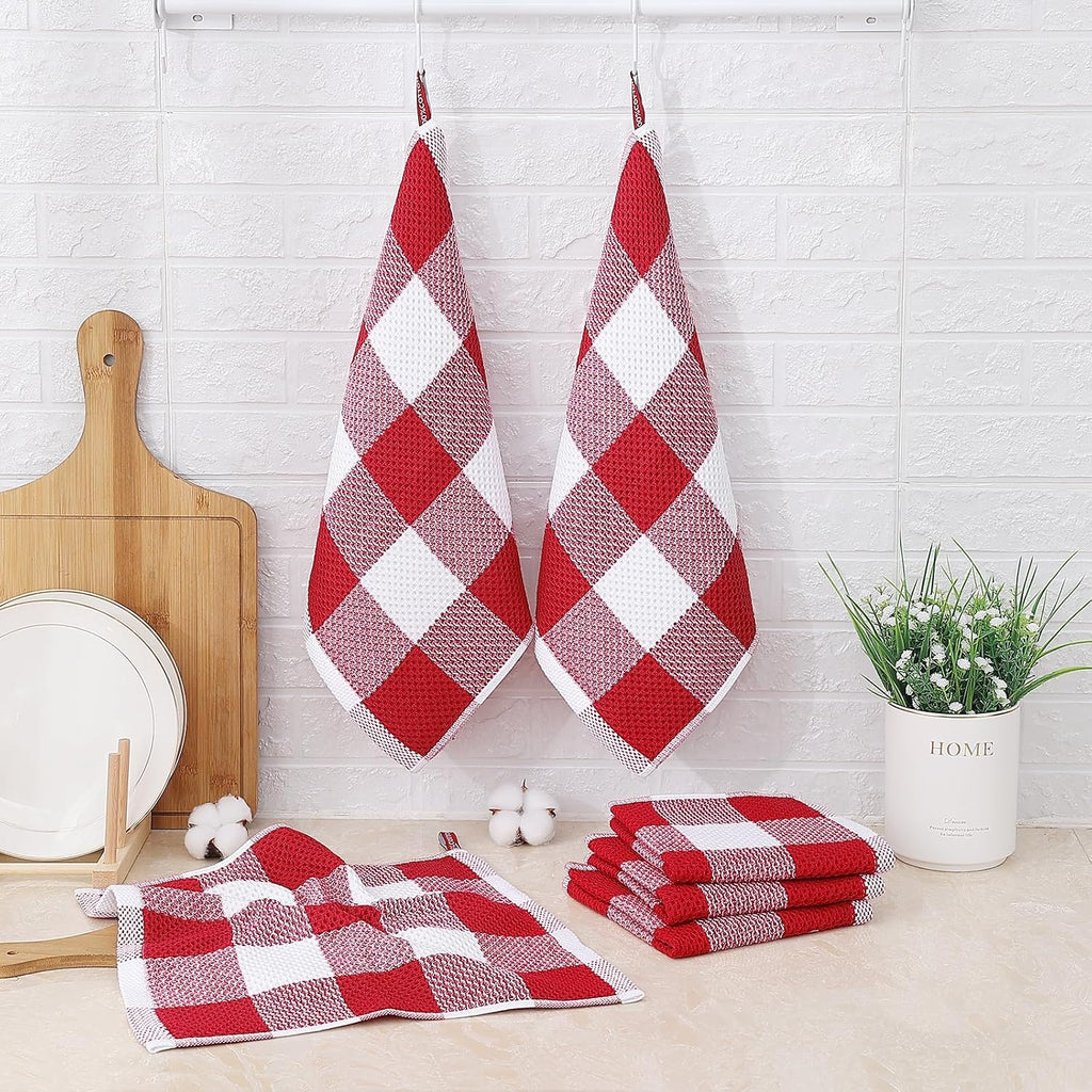 Cotton Waffle Weave Dish Cloths, 12"X 12", 6 Pack, Red & White