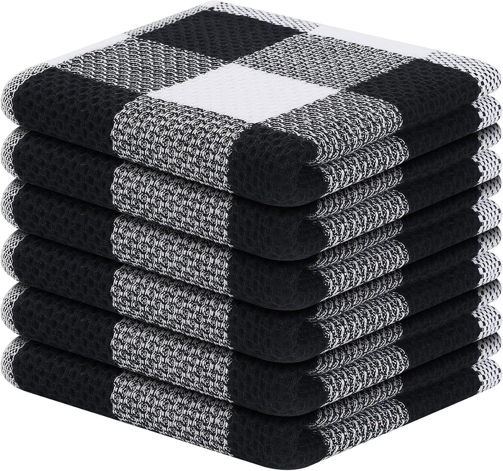 Cotton Waffle Weave Dish Cloths, 12"X 12", 6 Pack, Black & White