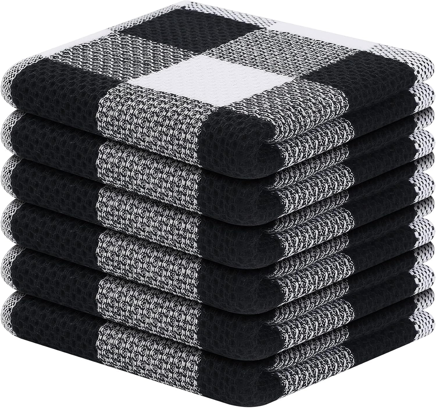 Cotton Waffle Weave Dish Cloths, 12"X 12", 6 Pack, Black & White