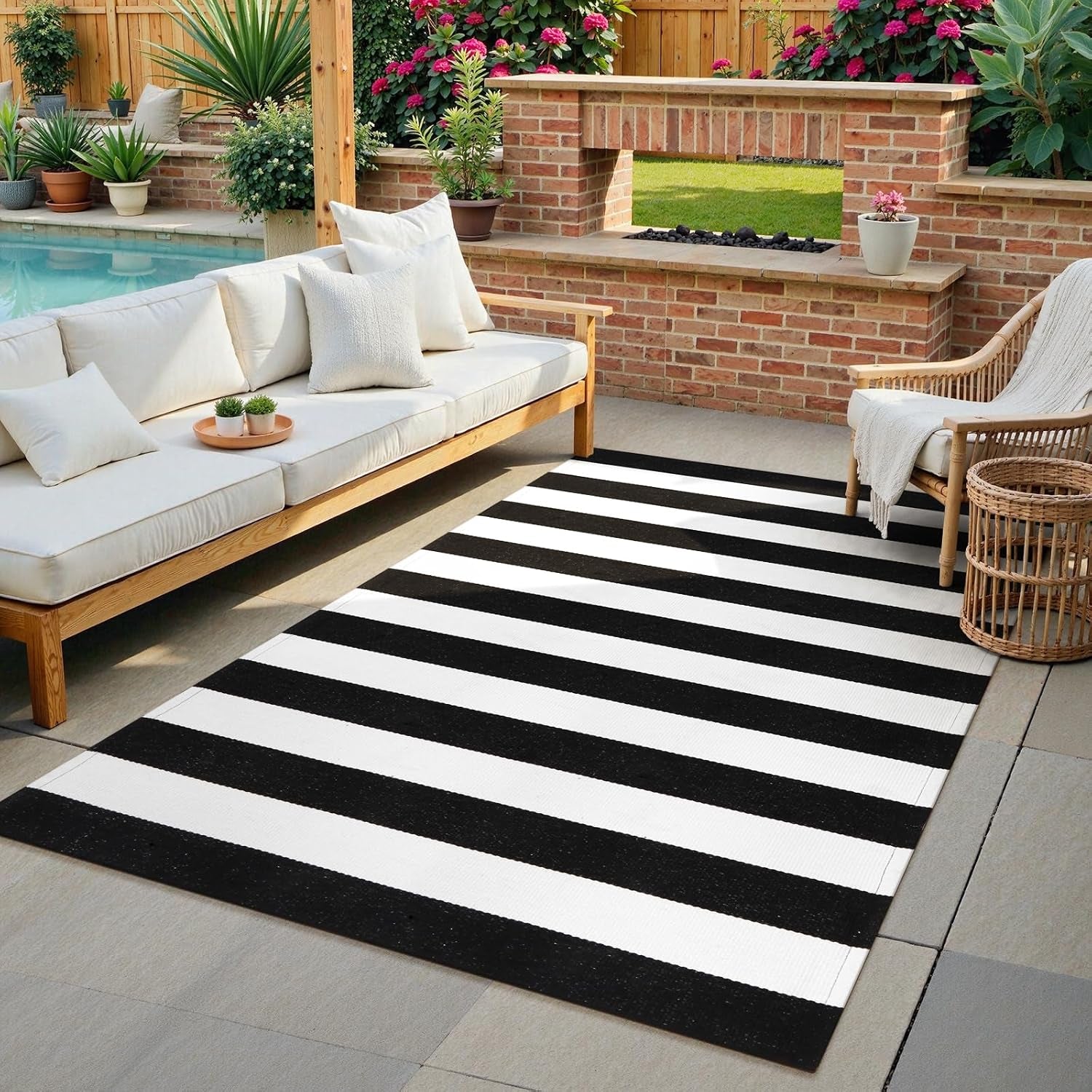 KIMODE Black and White Buffalo Plaid Outdoor Rug Fall Patio Floor Carpet