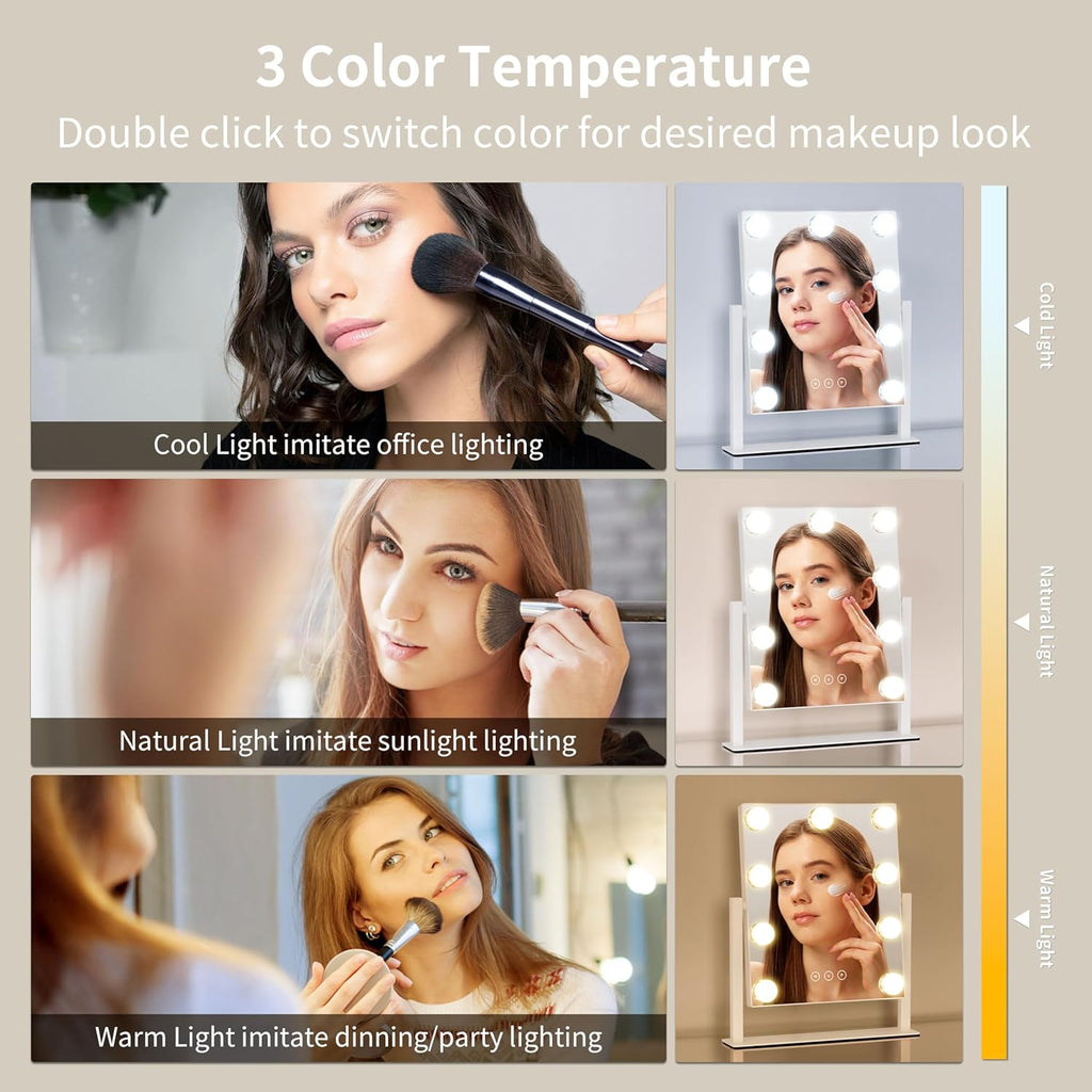 Vanity Mirror with Lights, Makeup Mirror with Lights,3 Color Lighting Modes Detachable 10X Magnification Mirror Touch Control,360°Rotation, White.