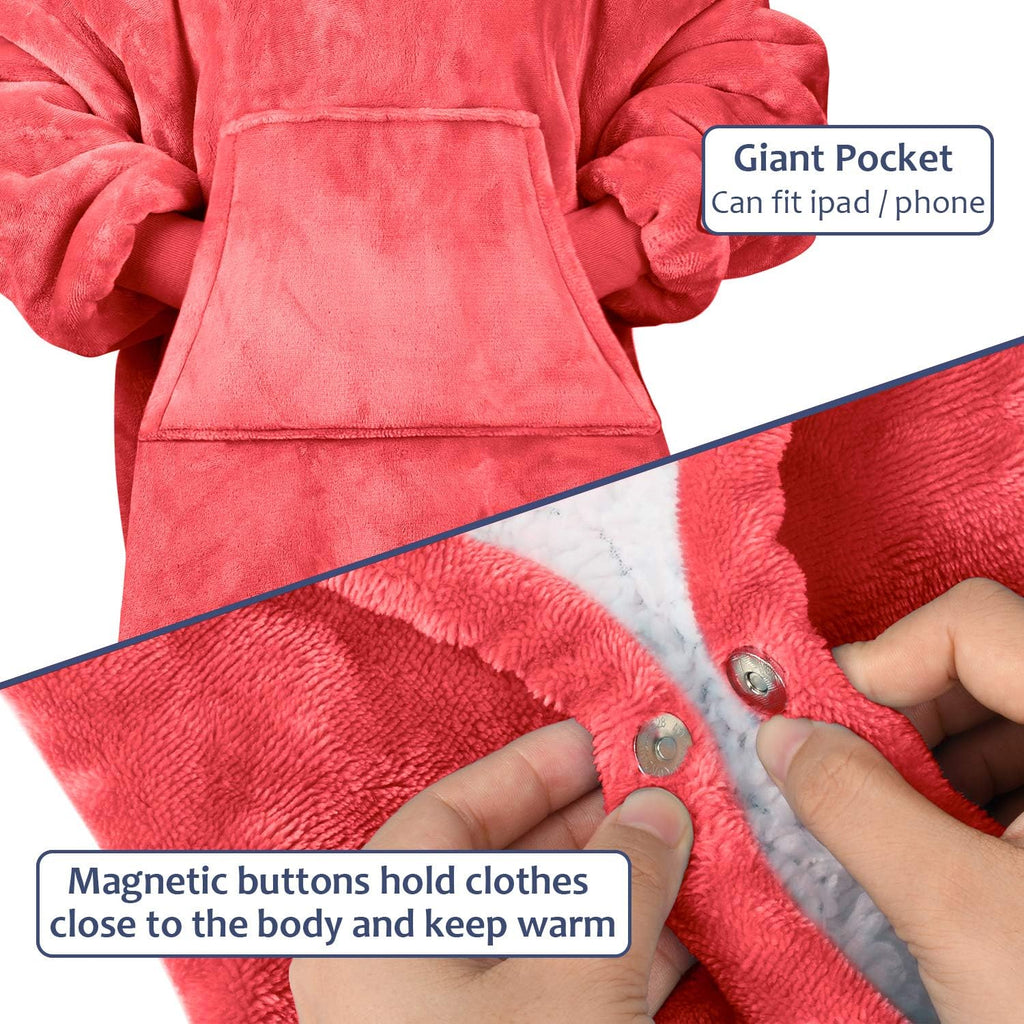 Wearable Blanket Hoodie for Kids - Warm Soft Gift, Oversized Cozy Sherpa Fleece Sweatshirt Pullover for Teens, Girls, Boys, Large Pocket, Red