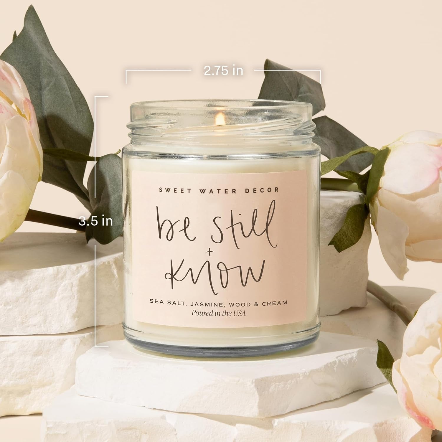 , Be Still and Know, Sea Salt, Jasmine, Cream, and Wood Scented Soy Wax Candle for Home - Christian Candle Gifts for Women - 9Oz Clear Jar, 40 Hour Burn Time, Made in the USA