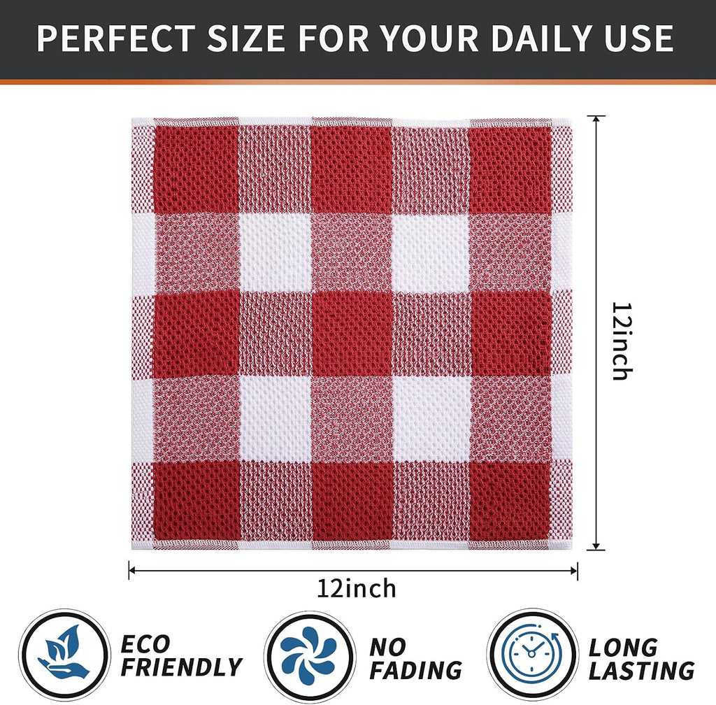 Cotton Waffle Weave Dish Cloths, 12"X 12", 6 Pack, Red & White