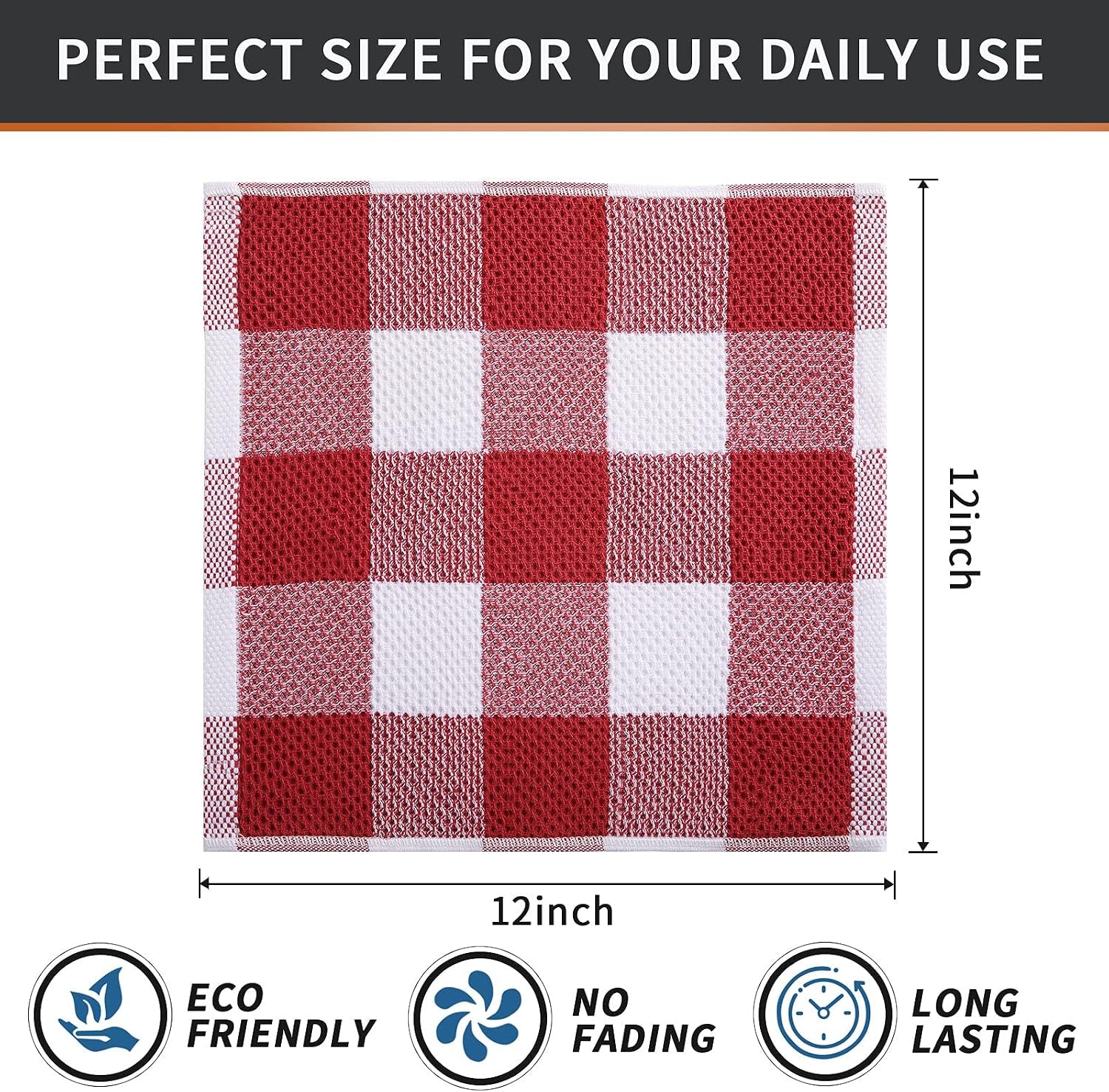 Cotton Waffle Weave Dish Cloths, 12"X 12", 6 Pack, Red & White