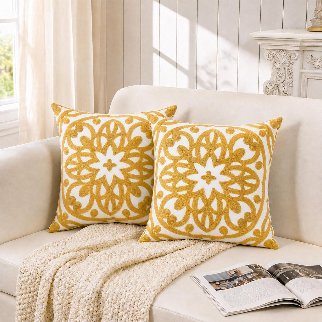 Boho Embroidered Throw Pillow Cover 18"X18", 2Pcs Mustard Yellow
