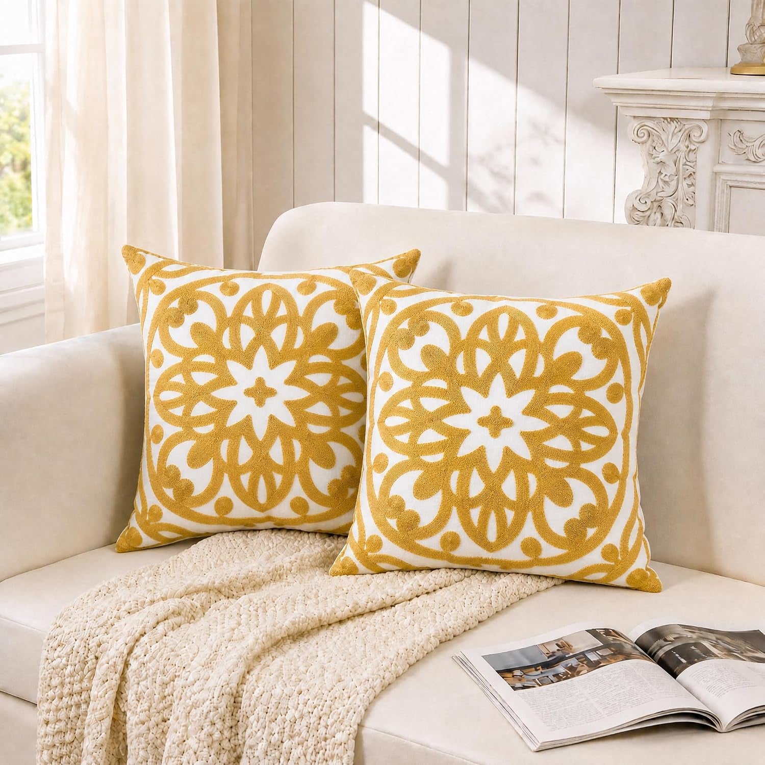Boho Embroidered Throw Pillow Cover 18"X18", 2Pcs Mustard Yellow