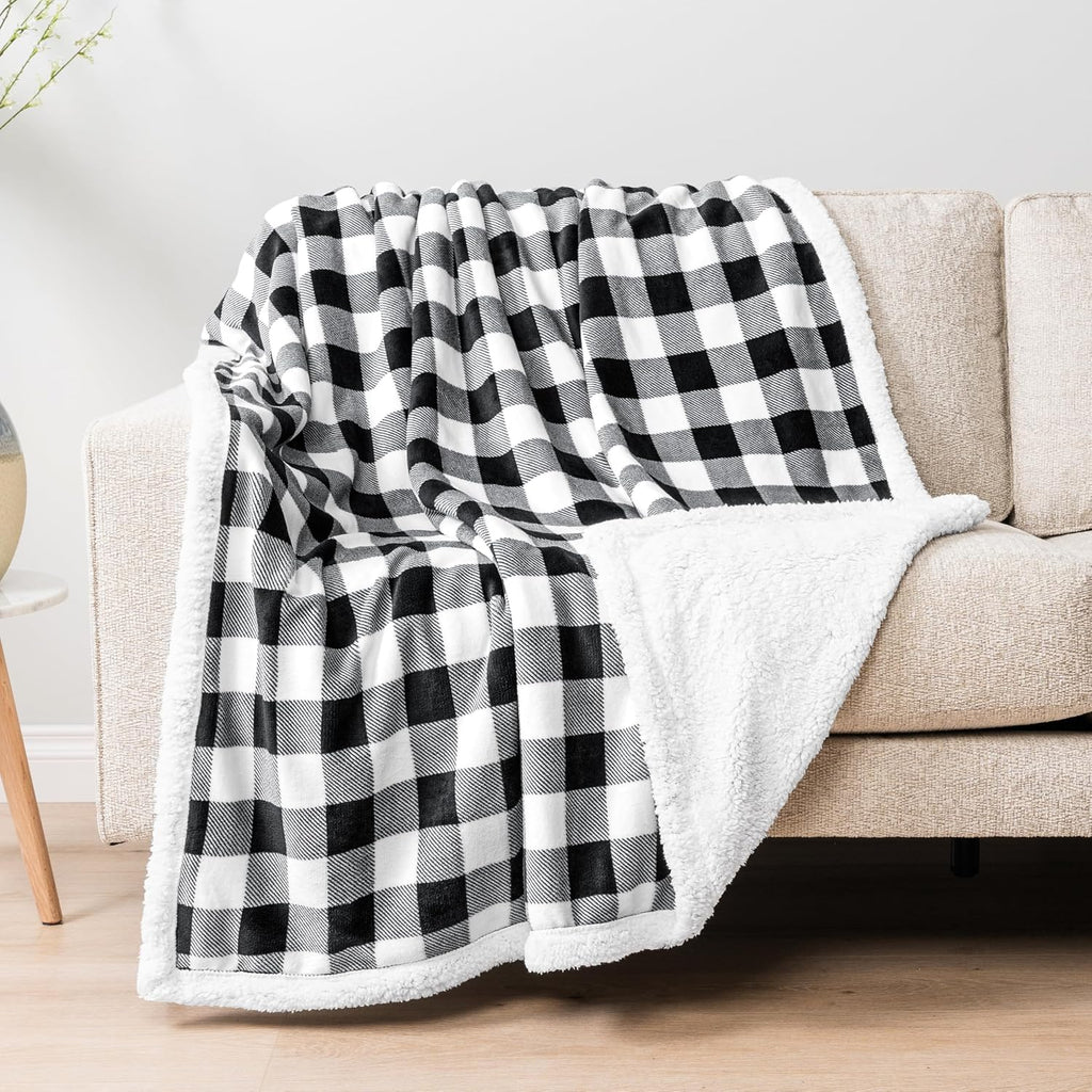 Queen Checkered Sherpa Blanket Couch Sofa Bed, White Black, 90X90