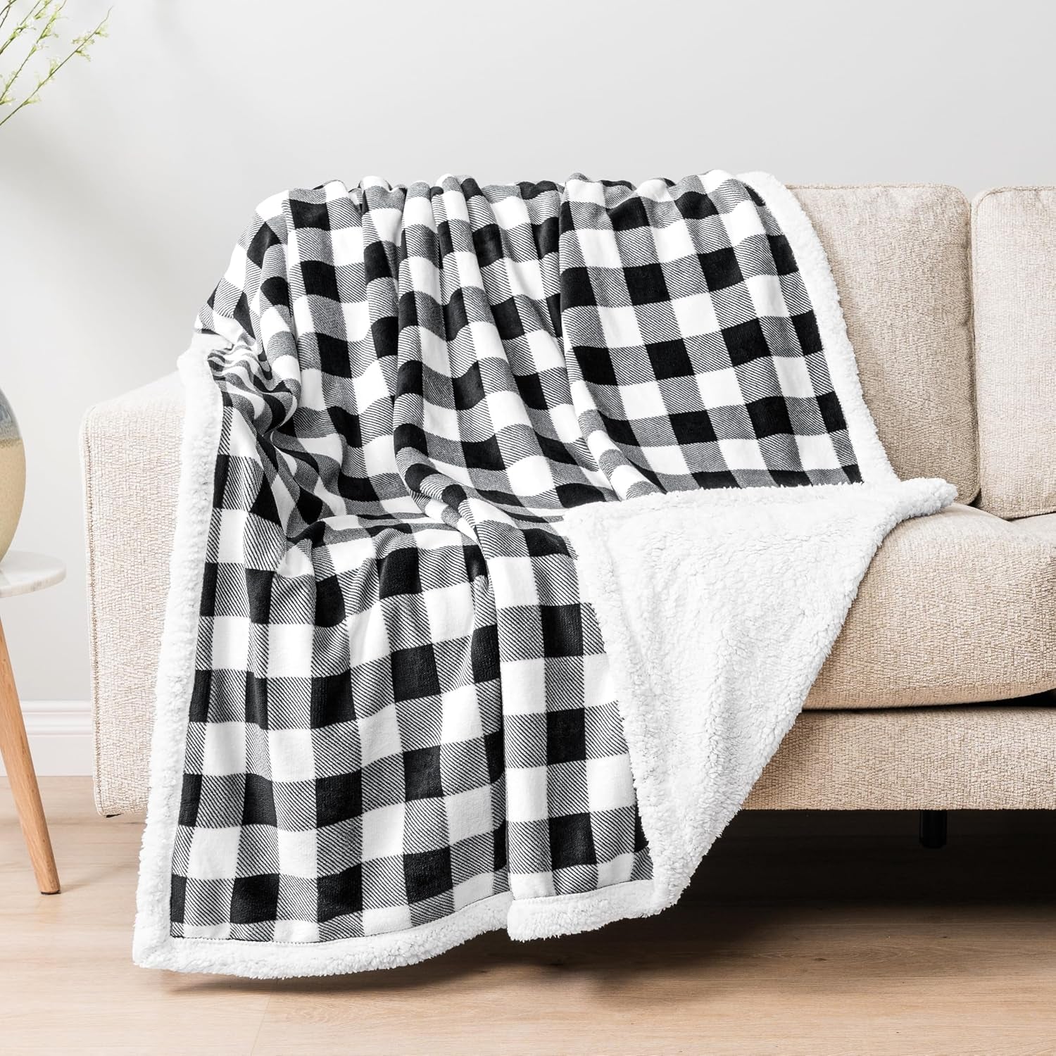 Queen Checkered Sherpa Blanket Couch Sofa Bed, White Black, 90X90