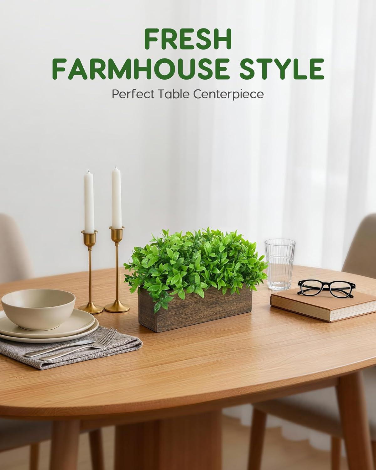 14" Artificial Boxwood Plants Indoor Centerpiece for Dining Room, Fake Plants in Rustic Rectangular Wooden Planter Box, Farmhouse Faux Plants for Mantel/Kitchen/Bathroom/Coffee Table Decor