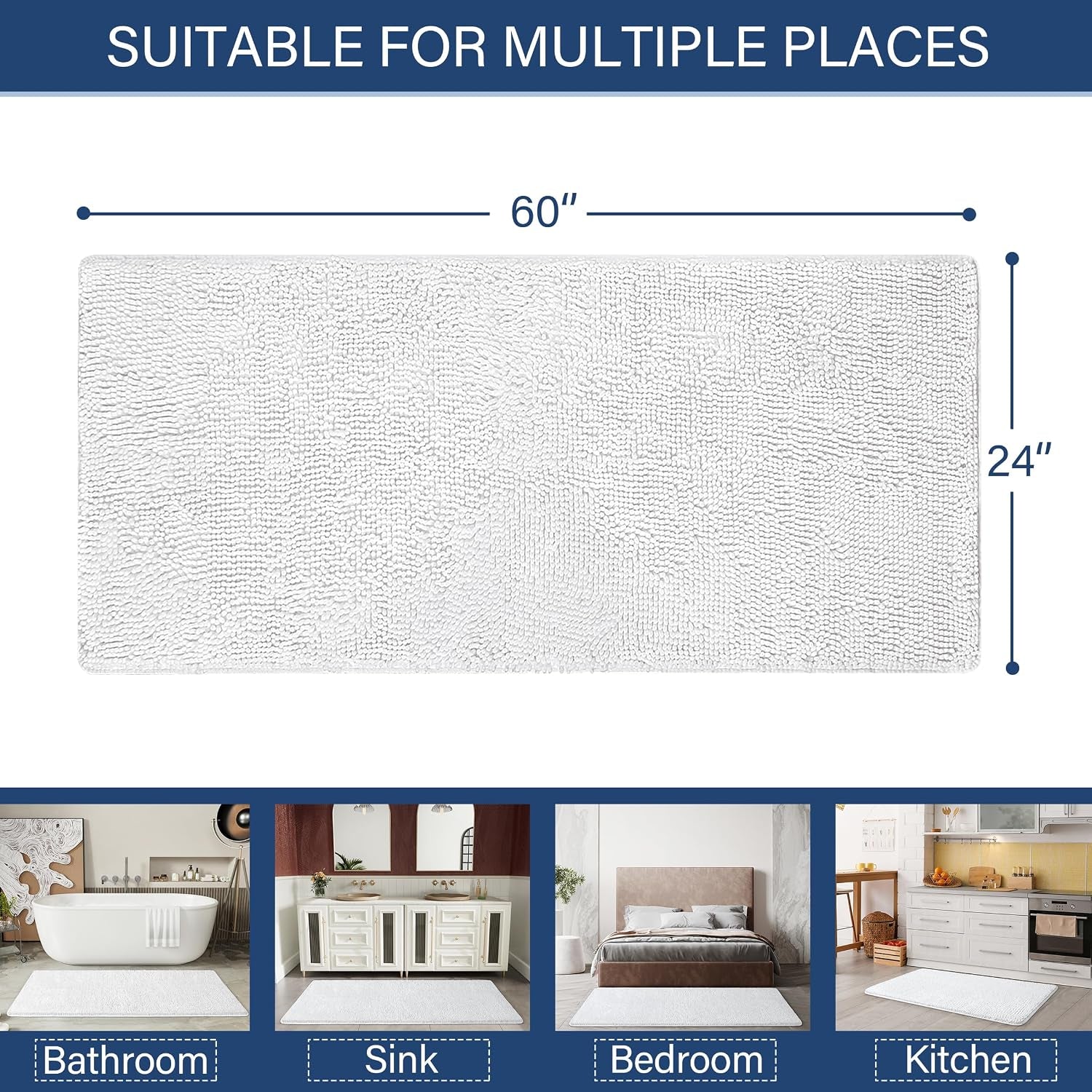 Luxury Bathroom Rug Shaggy Bath Mat 24 X 60 Inch, White