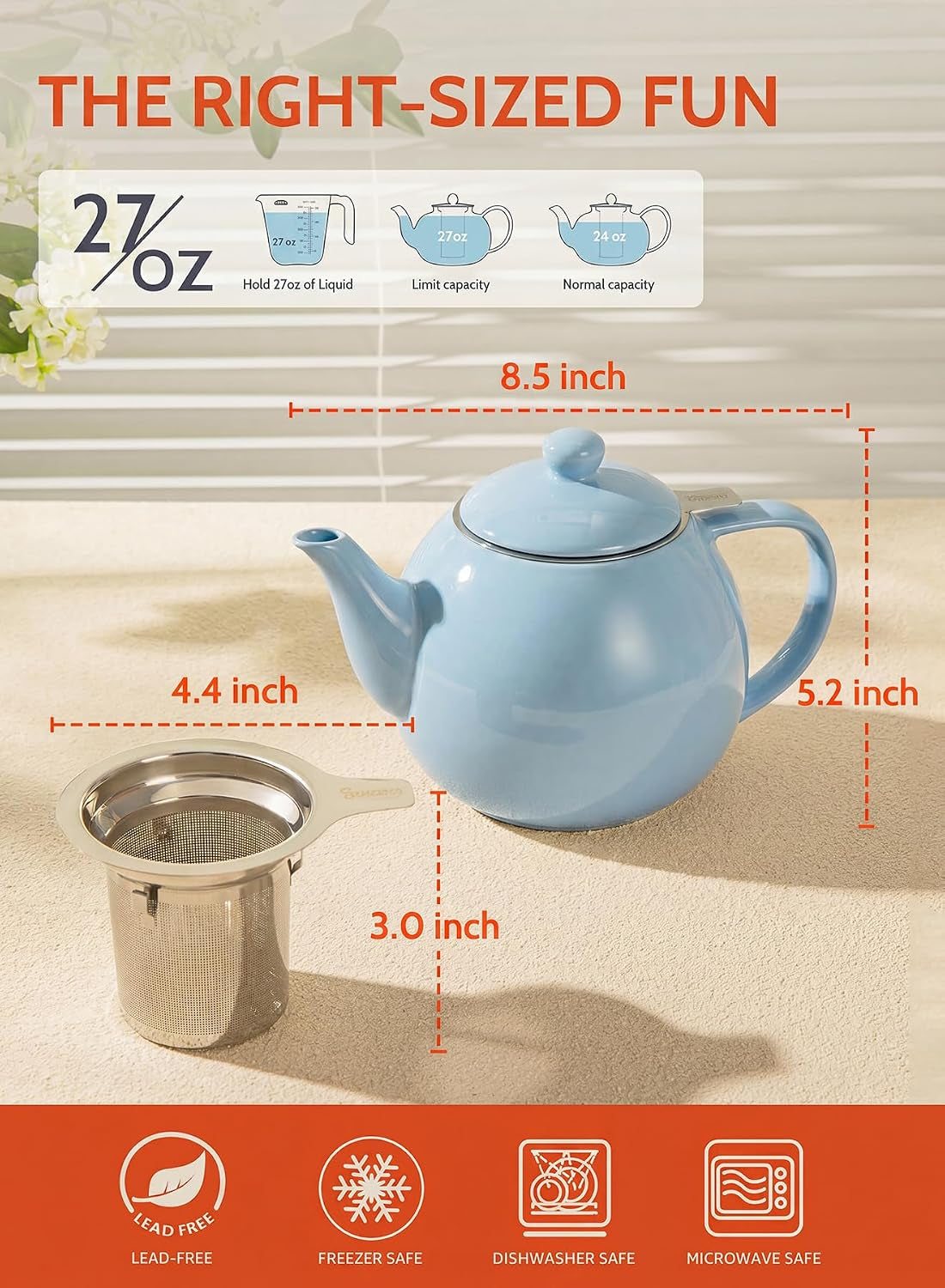 Porcelain Teapot 27 Oz with Infuser for Loose Leaf Tea, Bluish Grey