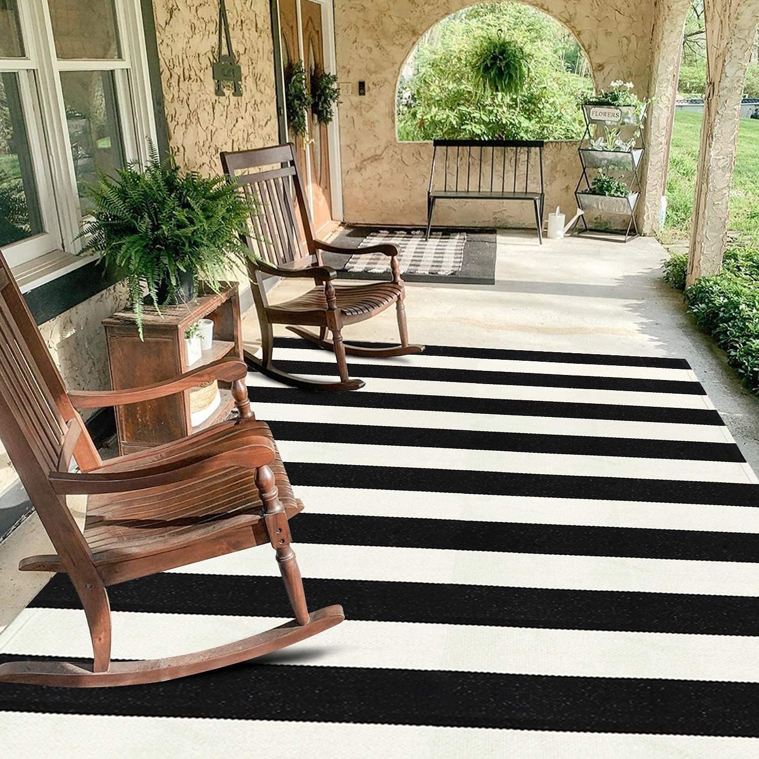 KIMODE Black and White Buffalo Plaid Outdoor Rug Fall Patio Floor Carpet