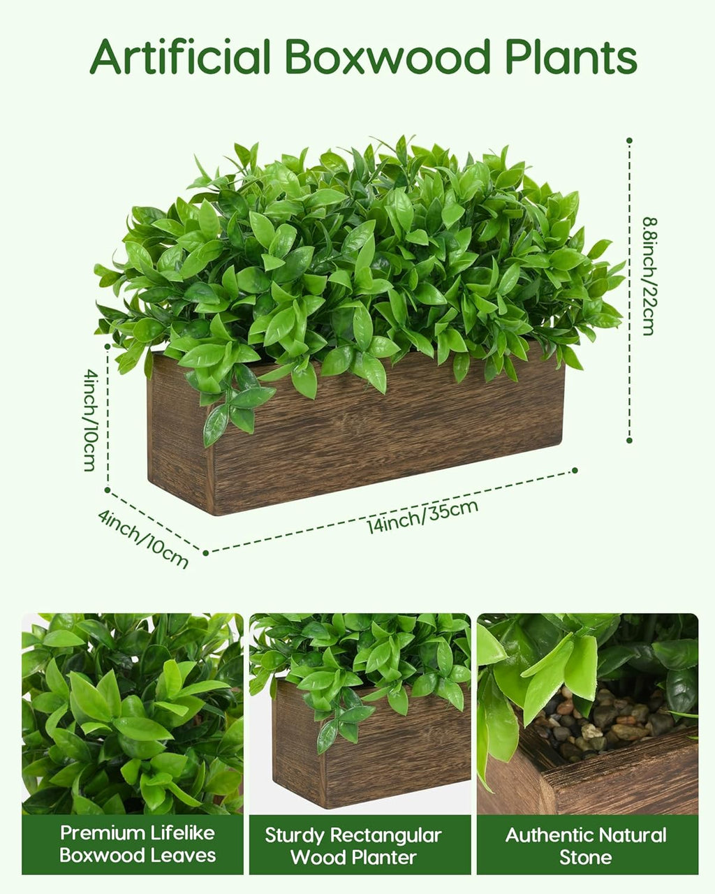 14" Artificial Boxwood Plants Indoor Centerpiece for Dining Room, Fake Plants in Rustic Rectangular Wooden Planter Box, Farmhouse Faux Plants for Mantel/Kitchen/Bathroom/Coffee Table Decor