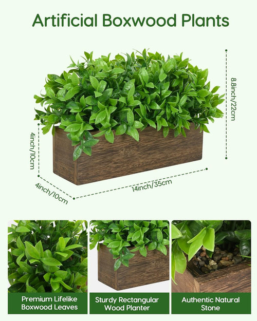 14" Artificial Boxwood Plants Indoor Centerpiece for Dining Room, Fake Plants in Rustic Rectangular Wooden Planter Box, Farmhouse Faux Plants for Mantel/Kitchen/Bathroom/Coffee Table Decor