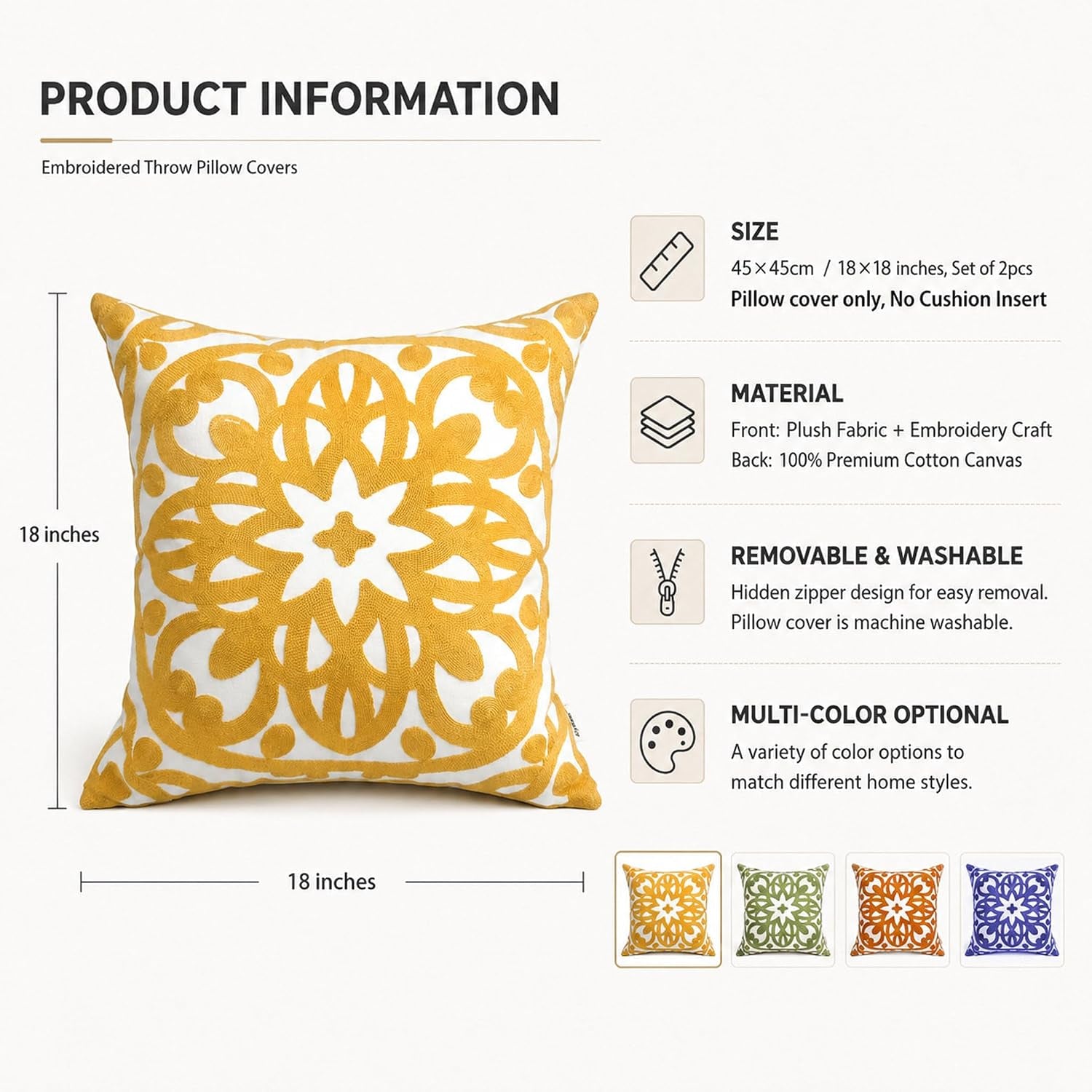 Boho Embroidered Throw Pillow Cover 18"X18", 2Pcs Mustard Yellow
