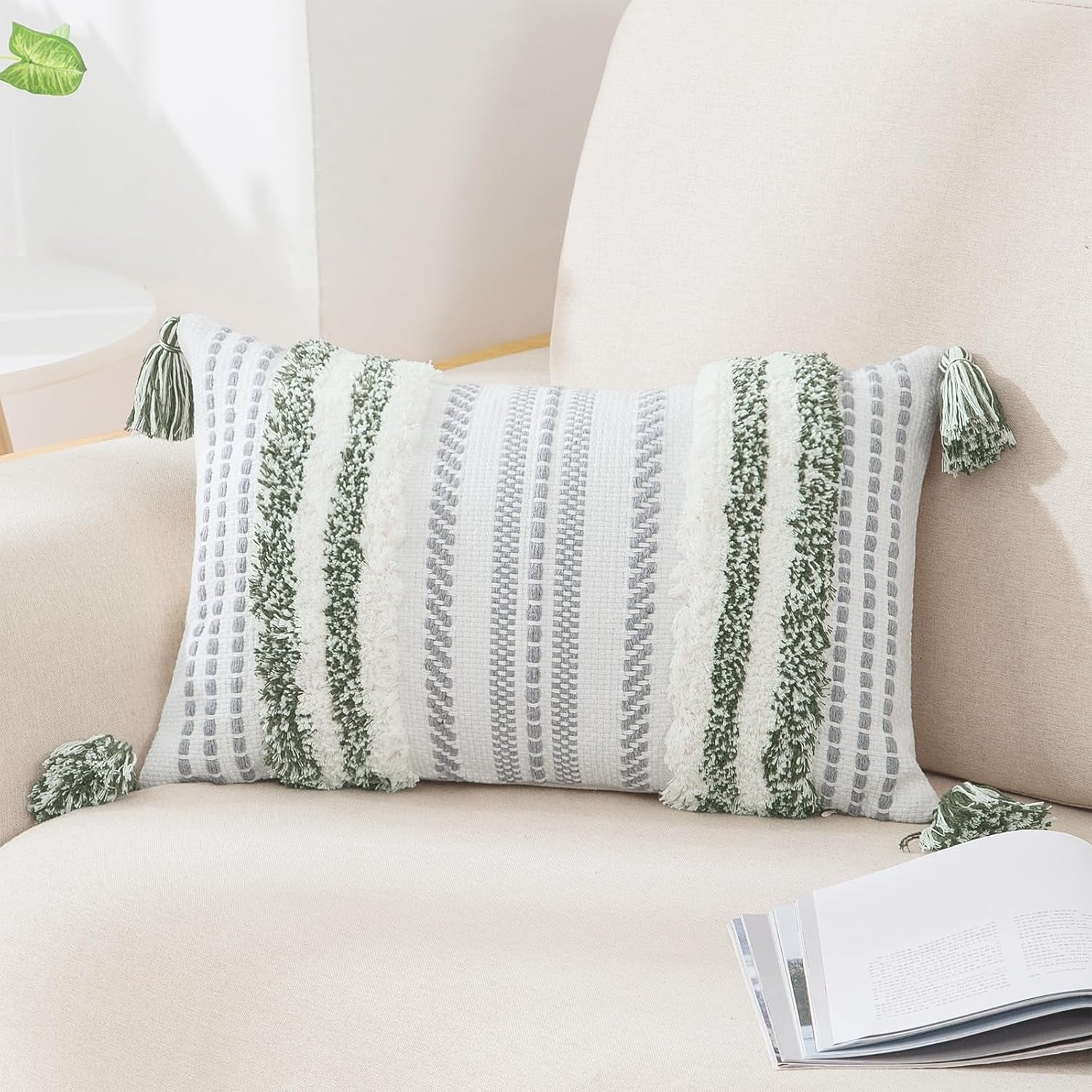 Green and Cream White Throw Pillow Cover 12X20 Pack of 1
