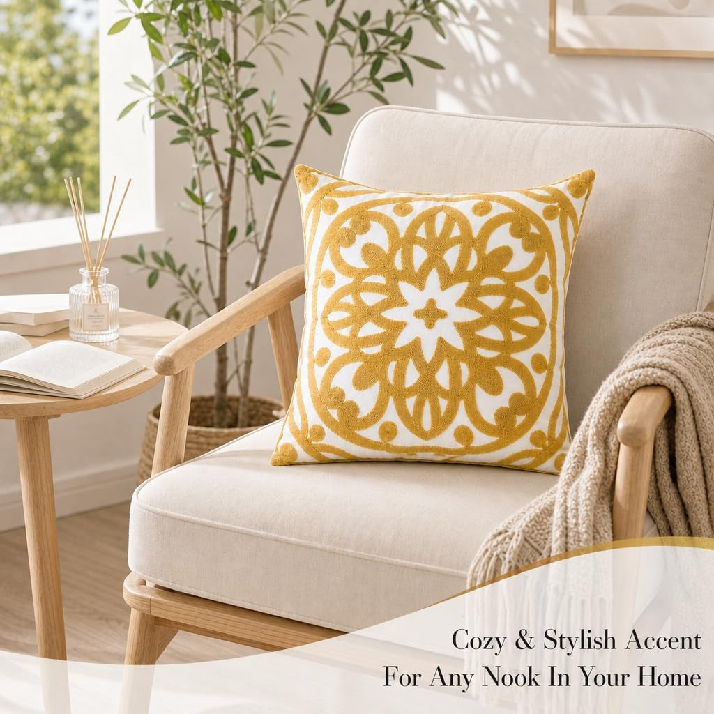 Boho Embroidered Throw Pillow Cover 18"X18", 2Pcs Mustard Yellow