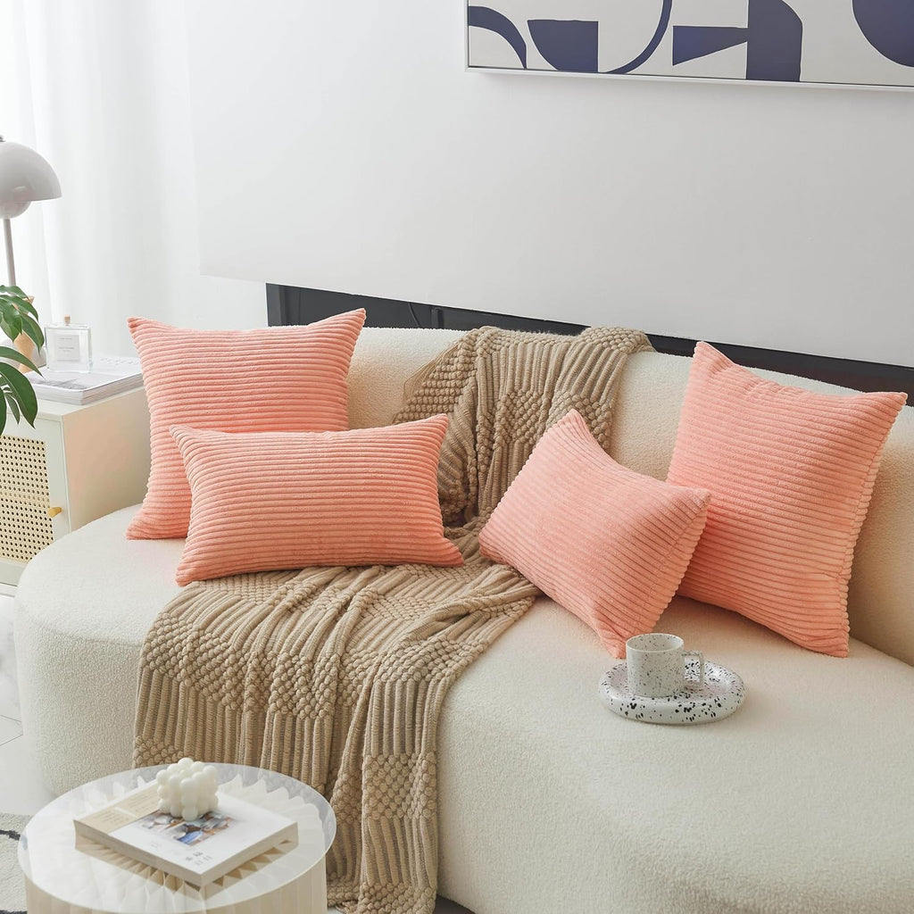 Pink Throw Pillow for Couch Pillow Cover 18X18 Striped Velvet Corduroy Pillow Cover for Holiday Party, 18 X 18 Inch, Coral