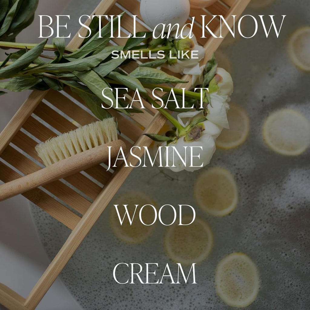, Be Still and Know, Sea Salt, Jasmine, Cream, and Wood Scented Soy Wax Candle for Home - Christian Candle Gifts for Women - 9Oz Clear Jar, 40 Hour Burn Time, Made in the USA