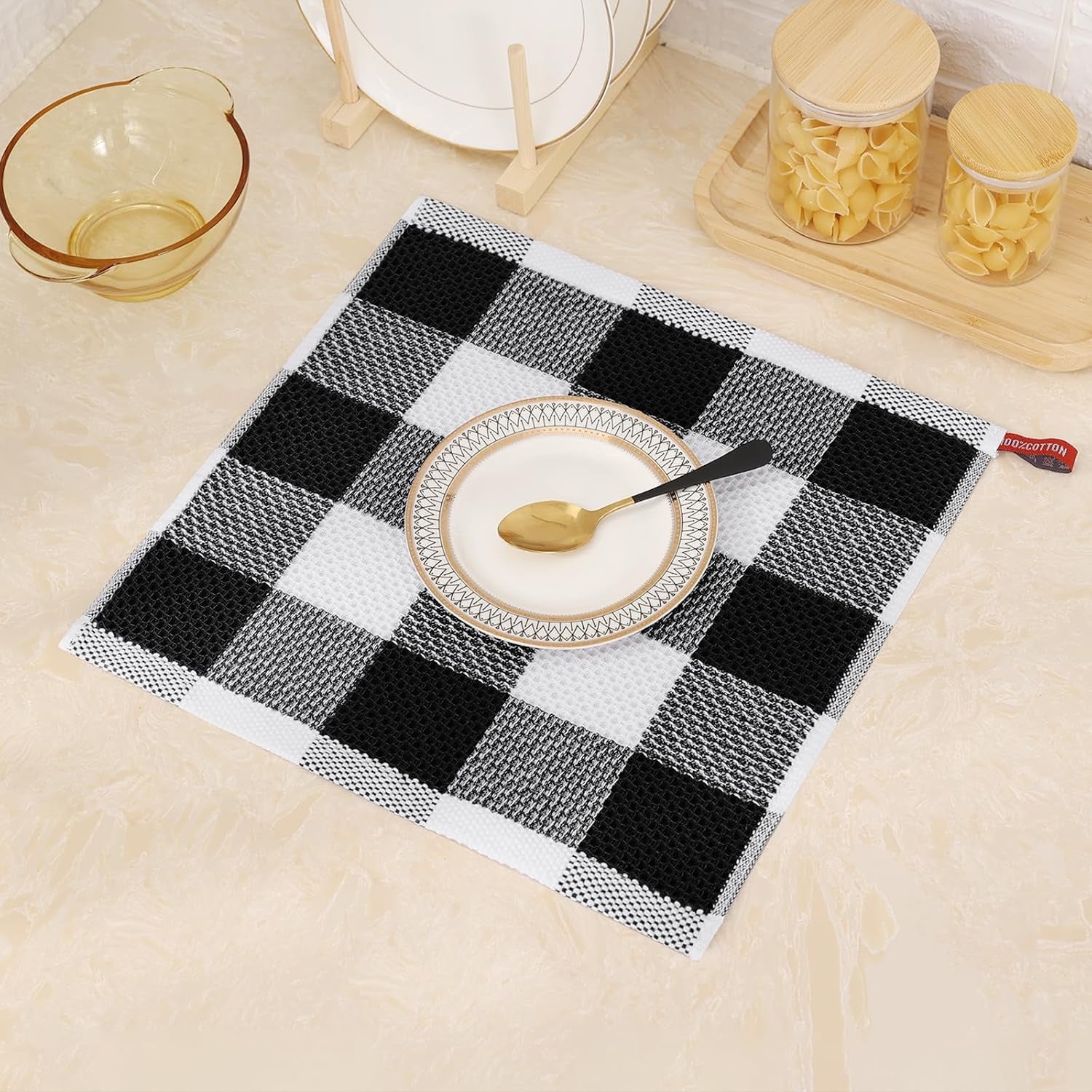Cotton Waffle Weave Dish Cloths, 12"X 12", 6 Pack, Black & White