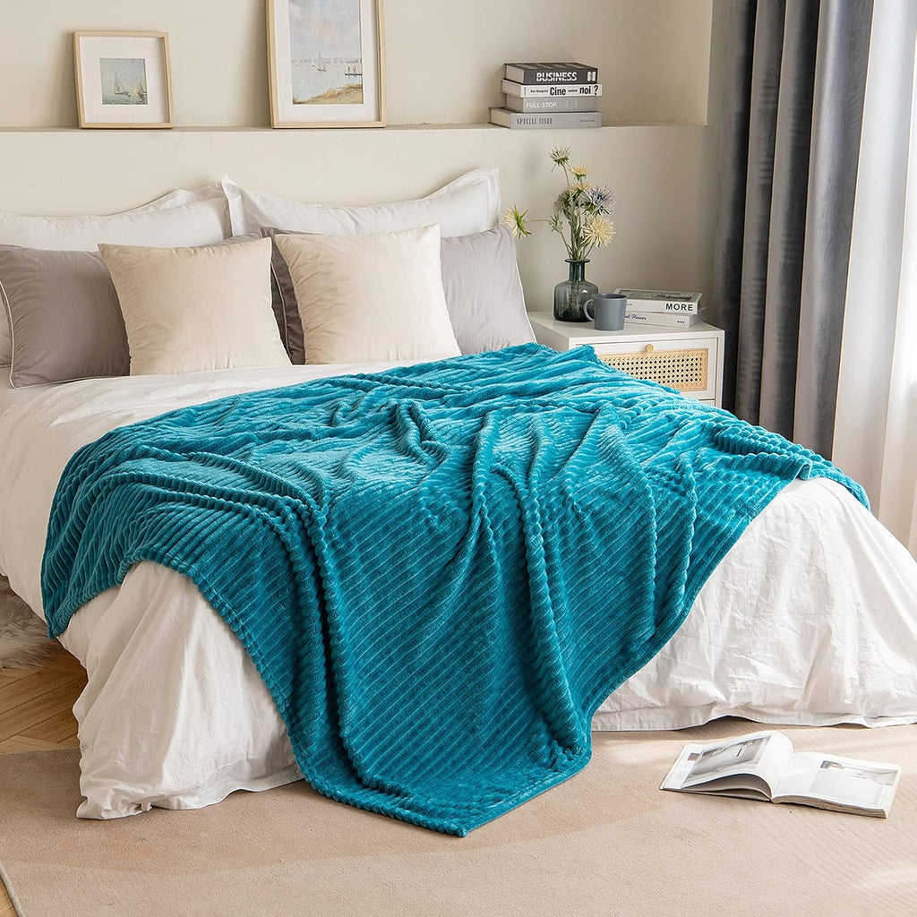 Fleece Throw Blanket for Couch 300GSM Super Soft Lightweight Plush Striped Blanket, Teal Blue Warm Cozy Breathable Ribbed Blanket for Bed/Sofa, Throw Size 50"X60", Turquoise