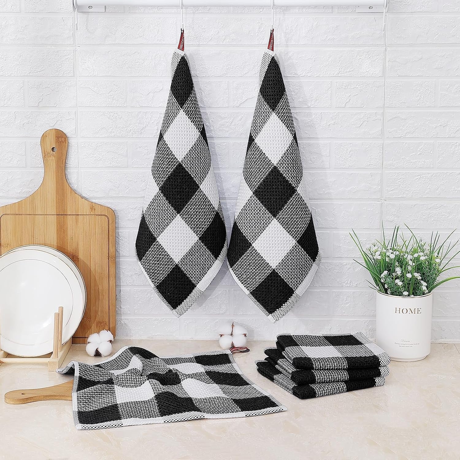 Cotton Waffle Weave Dish Cloths, 12"X 12", 6 Pack, Black & White