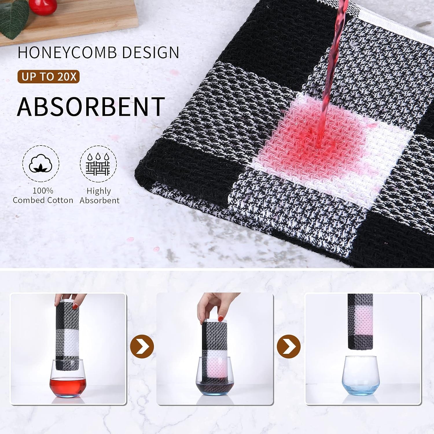 Cotton Waffle Weave Dish Cloths, 12"X 12", 6 Pack, Black & White