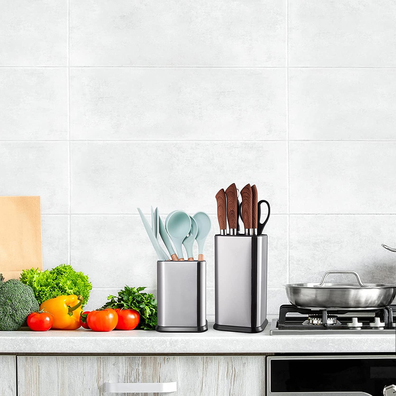 Stainless Steel Kitchen Utensil Holder for Countertop, Spoon Spatula Organizer,Modern Rectangular Large Cooking Utensil Caddy Counter,Utensil Crock Silver