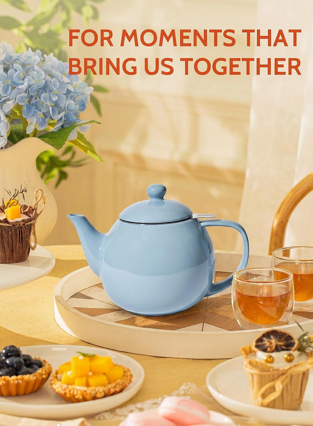 Porcelain Teapot 27 Oz with Infuser for Loose Leaf Tea, Bluish Grey