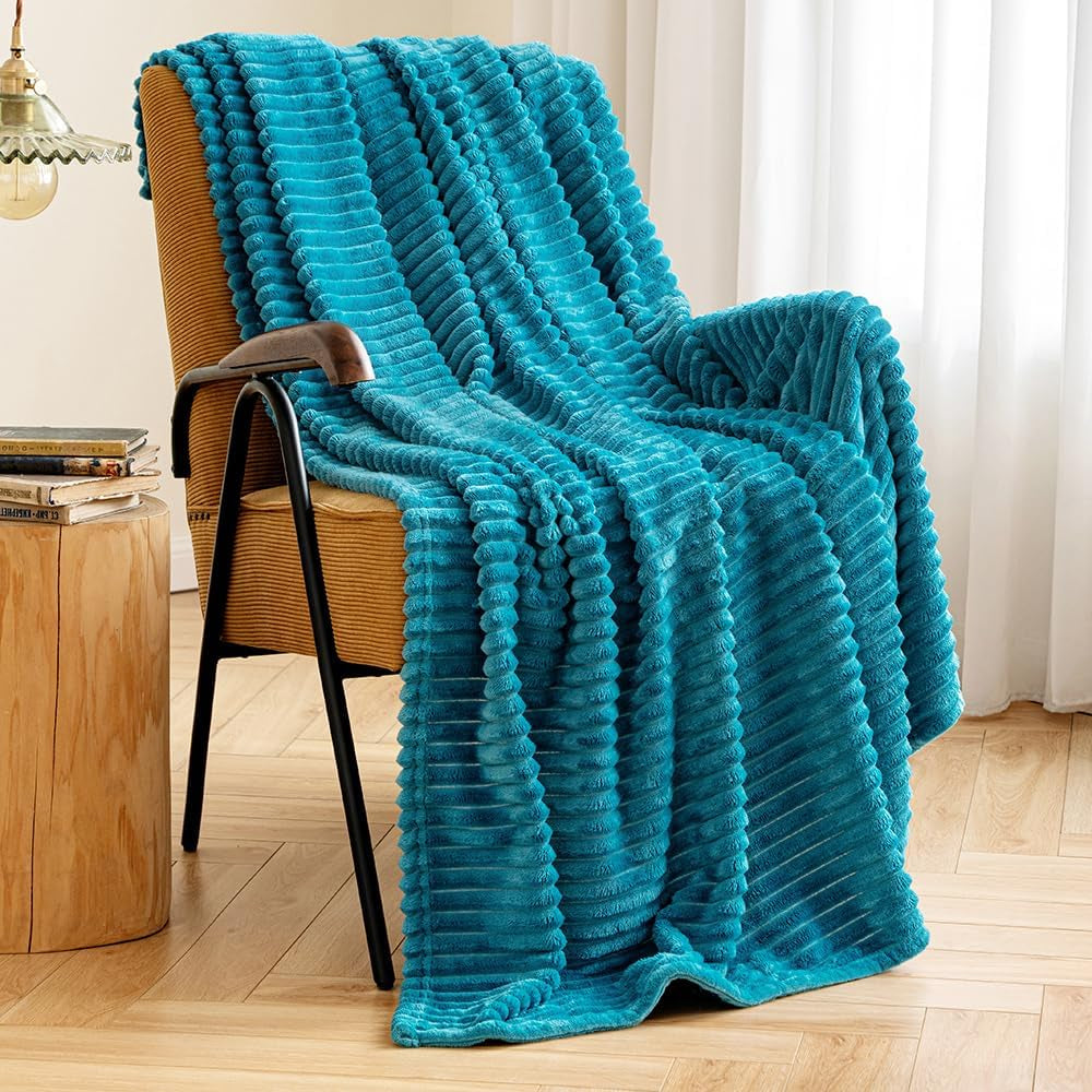 Fleece Throw Blanket for Couch 300GSM Super Soft Lightweight Plush Striped Blanket, Teal Blue Warm Cozy Breathable Ribbed Blanket for Bed/Sofa, Throw Size 50"X60", Turquoise