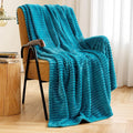 Fleece Throw Blanket for Couch 300GSM Super Soft Lightweight Plush Striped Blanket, Teal Blue Warm Cozy Breathable Ribbed Blanket for Bed/Sofa, Throw Size 50"X60", Turquoise