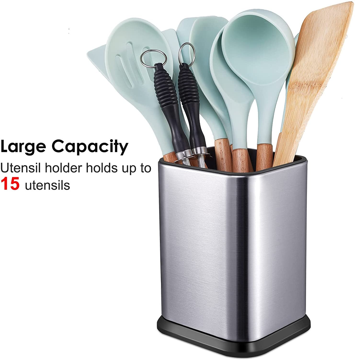 Stainless Steel Kitchen Utensil Holder for Countertop, Spoon Spatula Organizer,Modern Rectangular Large Cooking Utensil Caddy Counter,Utensil Crock Silver