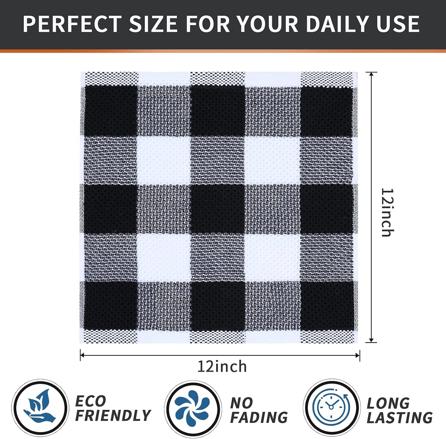 Cotton Waffle Weave Dish Cloths, 12"X 12", 6 Pack, Black & White