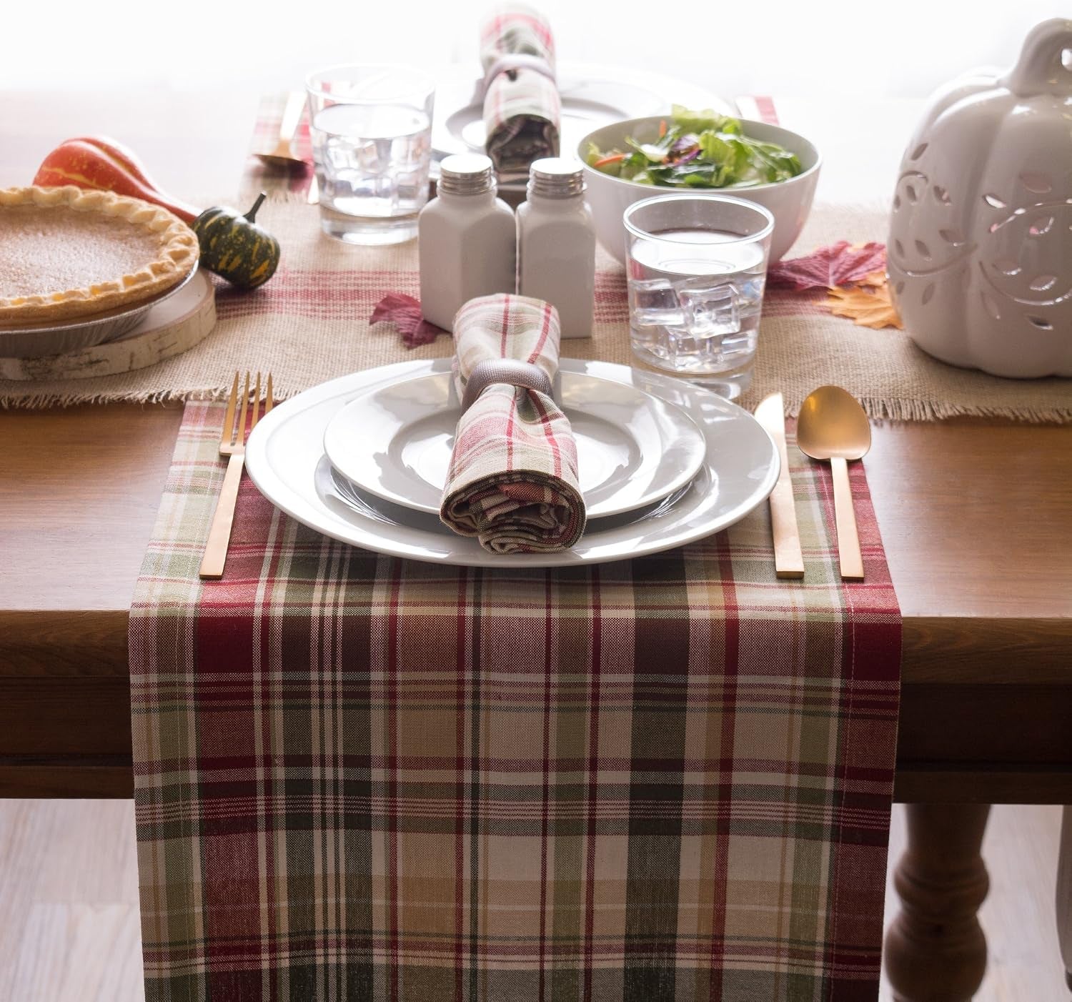Give Thanks Plaid Fall Table Decor, Autumn & Thanksgiving Tabletop Linens, 14X72 Table Runner