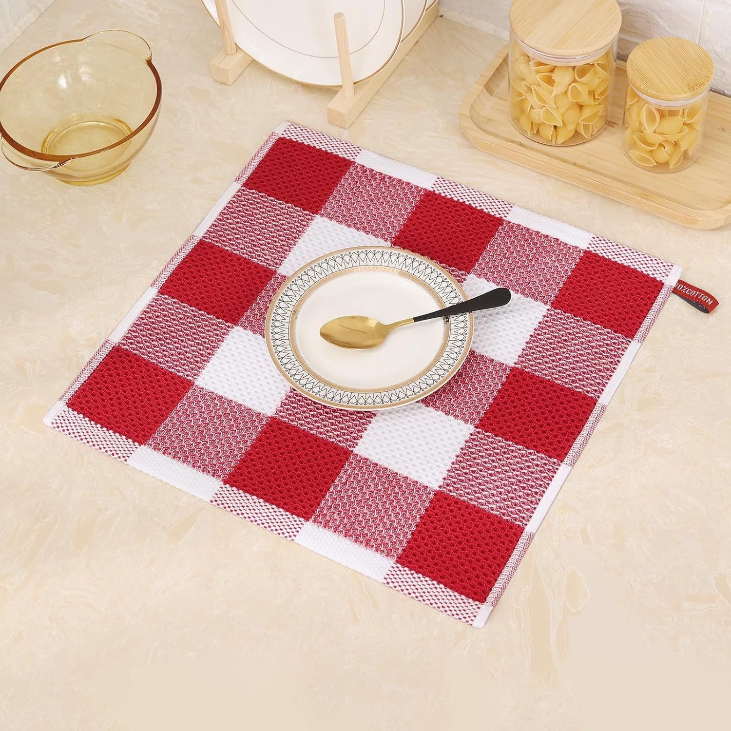 Cotton Waffle Weave Dish Cloths, 12"X 12", 6 Pack, Red & White