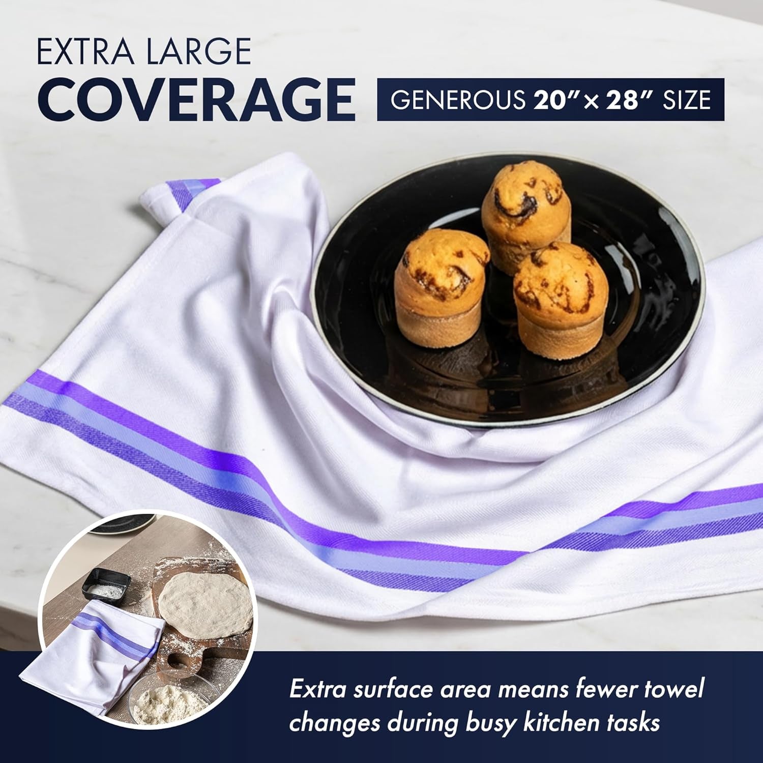 100% Cotton Kitchen Towels, Highly Absorbent Dish Towels for Kitchen with Hanging Loop, Large 20"X28" Washable Towels, Blue Shades, 12 Pack