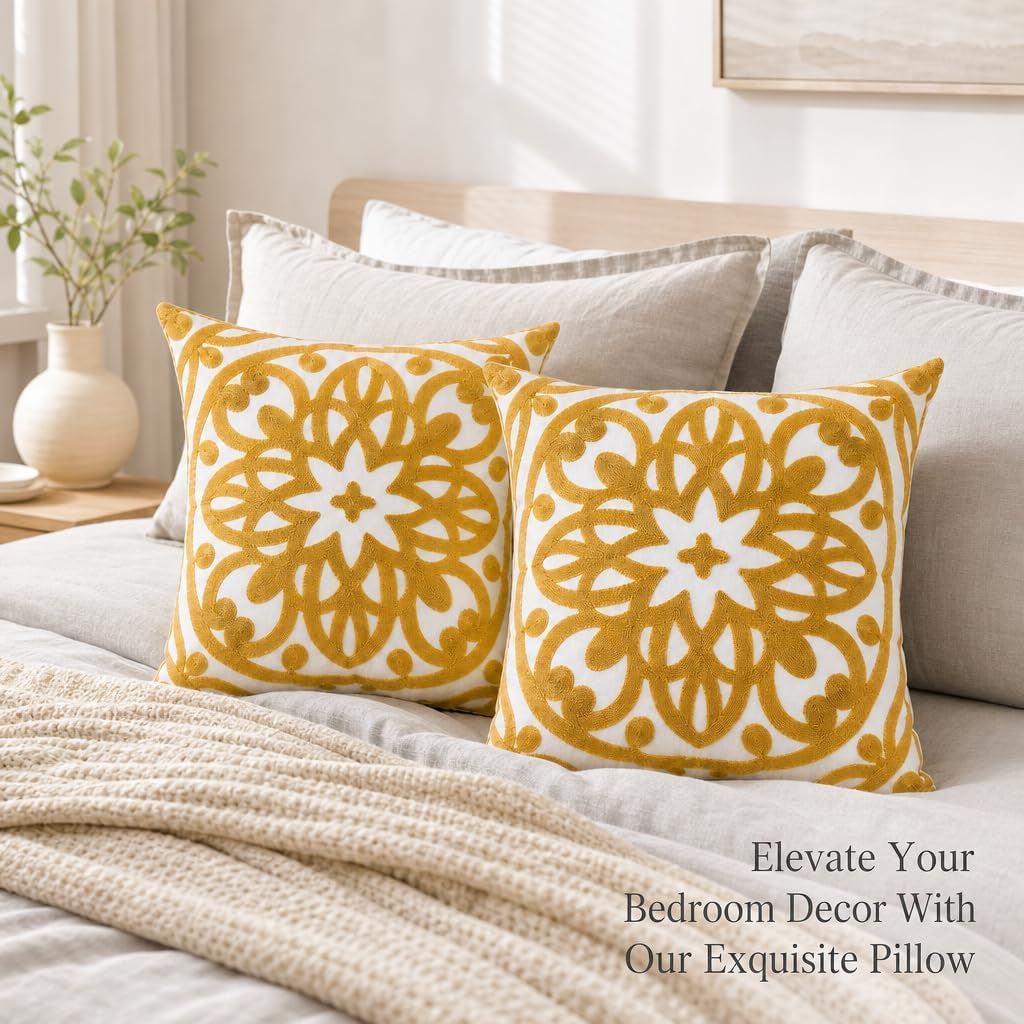 Boho Embroidered Throw Pillow Cover 18"X18", 2Pcs Mustard Yellow