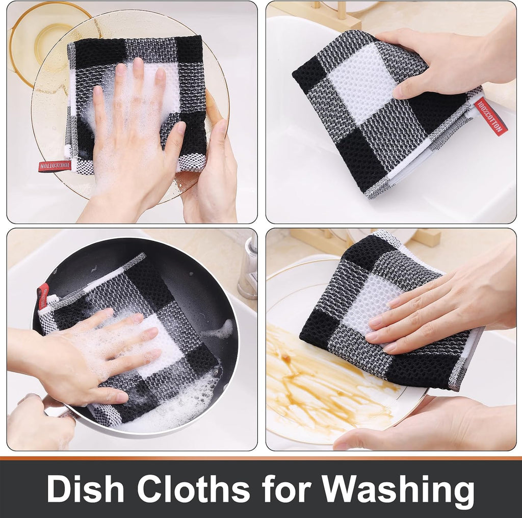 Cotton Waffle Weave Dish Cloths, 12"X 12", 6 Pack, Black & White