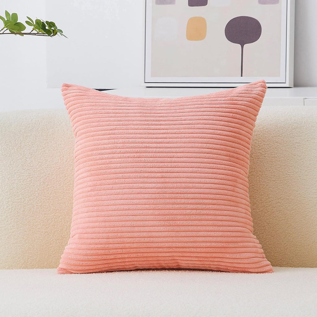 Pink Throw Pillow for Couch Pillow Cover 18X18 Striped Velvet Corduroy Pillow Cover for Holiday Party, 18 X 18 Inch, Coral