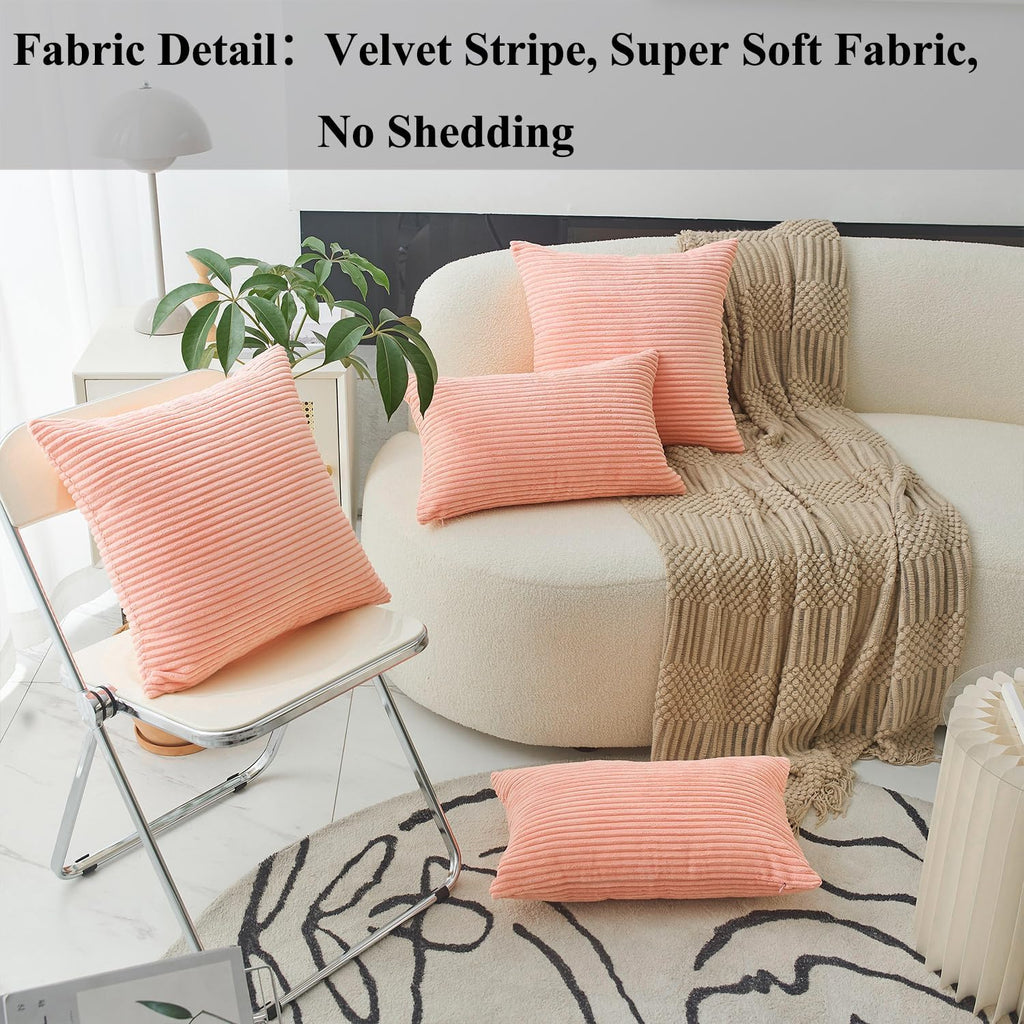 Pink Throw Pillow for Couch Pillow Cover 18X18 Striped Velvet Corduroy Pillow Cover for Holiday Party, 18 X 18 Inch, Coral