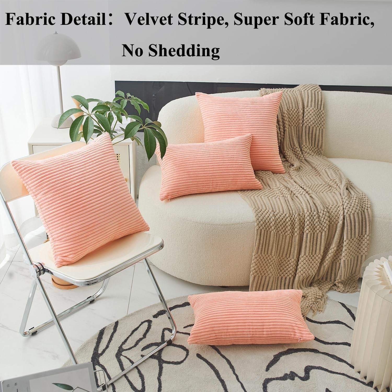 Pink Throw Pillow for Couch Pillow Cover 18X18 Striped Velvet Corduroy Pillow Cover for Holiday Party, 18 X 18 Inch, Coral